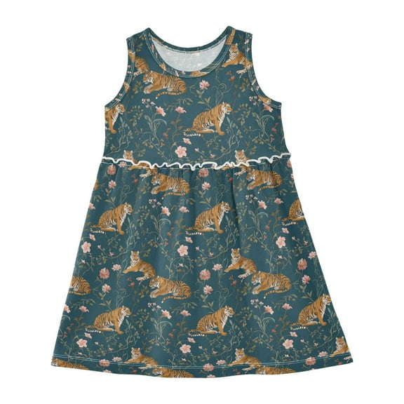 Girls Dress Resting Tiger Sleeveless Dress for Girls Hem A-Line Casual Sundress