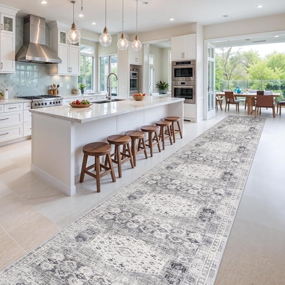 RUUGME 3x20 Washable Runner Rug - Extra Long Vintage Hallway Rugs with Non Slip Backing Soft Stain Resistant Carpet for Kitchen Bedroom Distressed Home Decor Floor Mat for Living Room 3x20 Grey