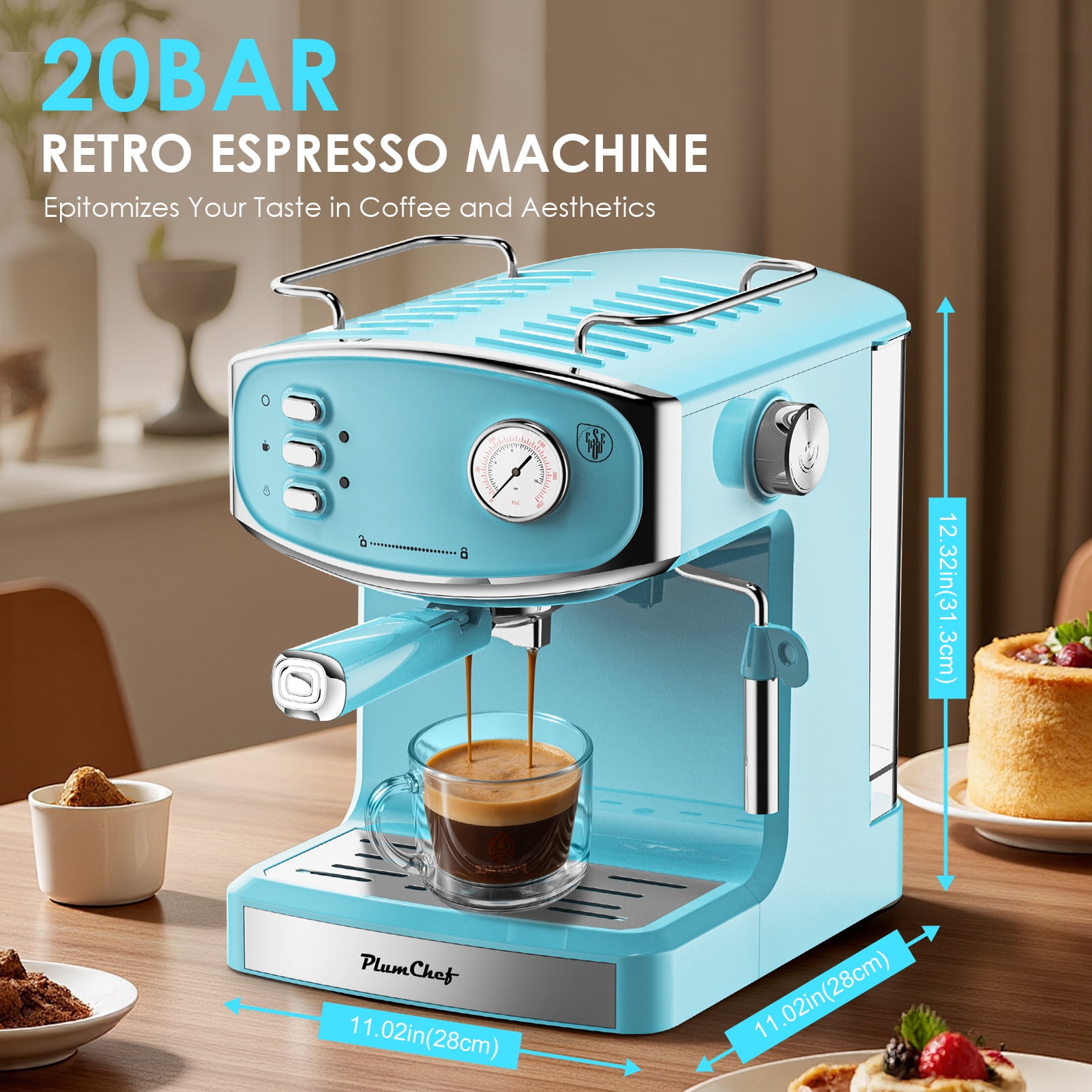 Plum Chef 20-Bar Espresso Machine with Milk Frother, Stainless Steel Cappuccino & Latte Maker with Pressure Gauge, 1.8L Tank, Blue