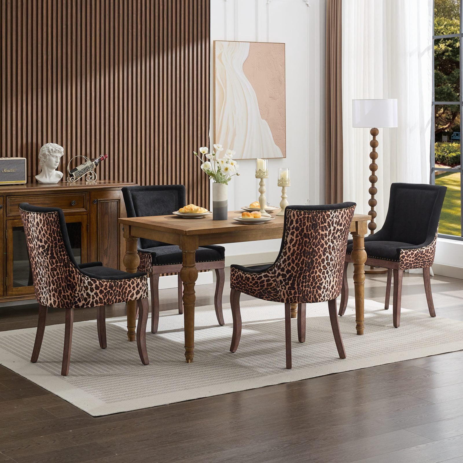 Gewnee Set of 2 Dining Chairs,Fabric Upholstered High Back Dining Chairs with Solid Wood Legs for Dining Room & Kitchen, Black Leopard Print