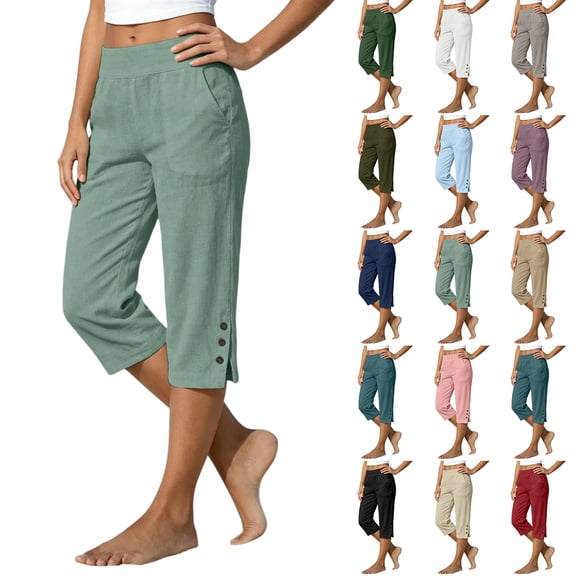 Capri Pants for Women Cotton Linen Casual Straight Leg Capris Elastic Waist Summer Beach Long Shorts