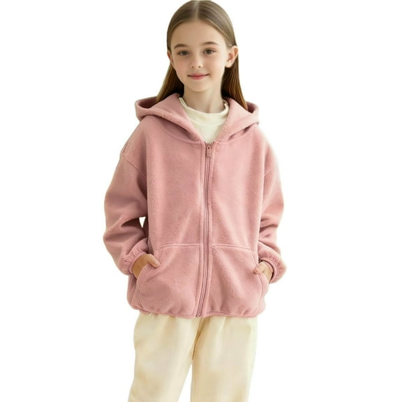 Cethrio Girls Fleece Jackets Size 14-16, Long Sleeve Casual Zip up Warm Winter Outerwear with Hood Pink