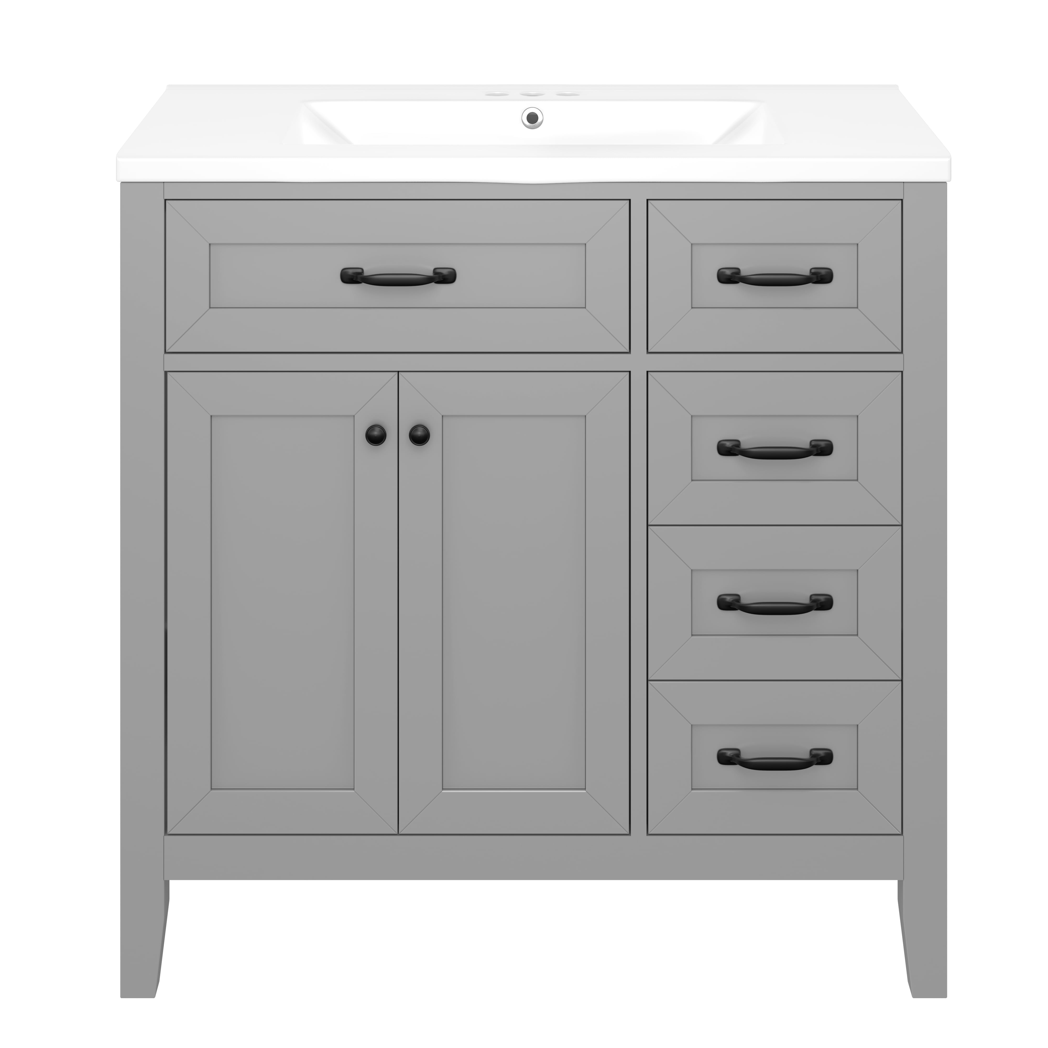 Euroco 36" Freestanding Bathroom Vanity with Ceramic Sink, Storage Cabinet & Drawers, Solid Wood and MDF Construction – Black with Silver Handles