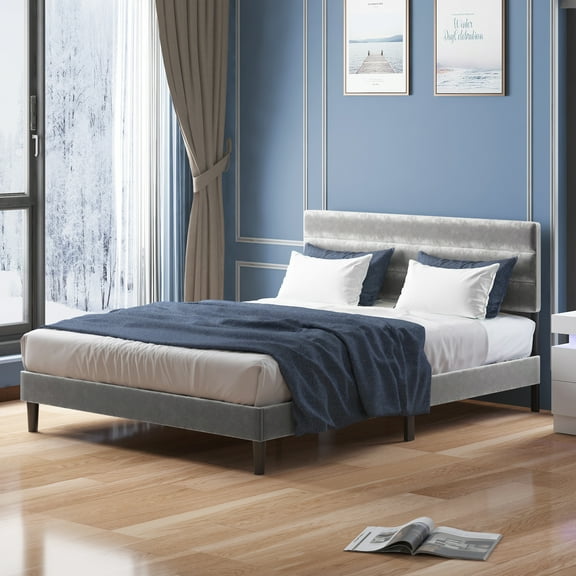 Modern King Size Platform Bed Frame, Upholstered Bed Frame with Adjustable Velvet Headboard, No Box Spring Needed, Easy Assembly, Light Grey