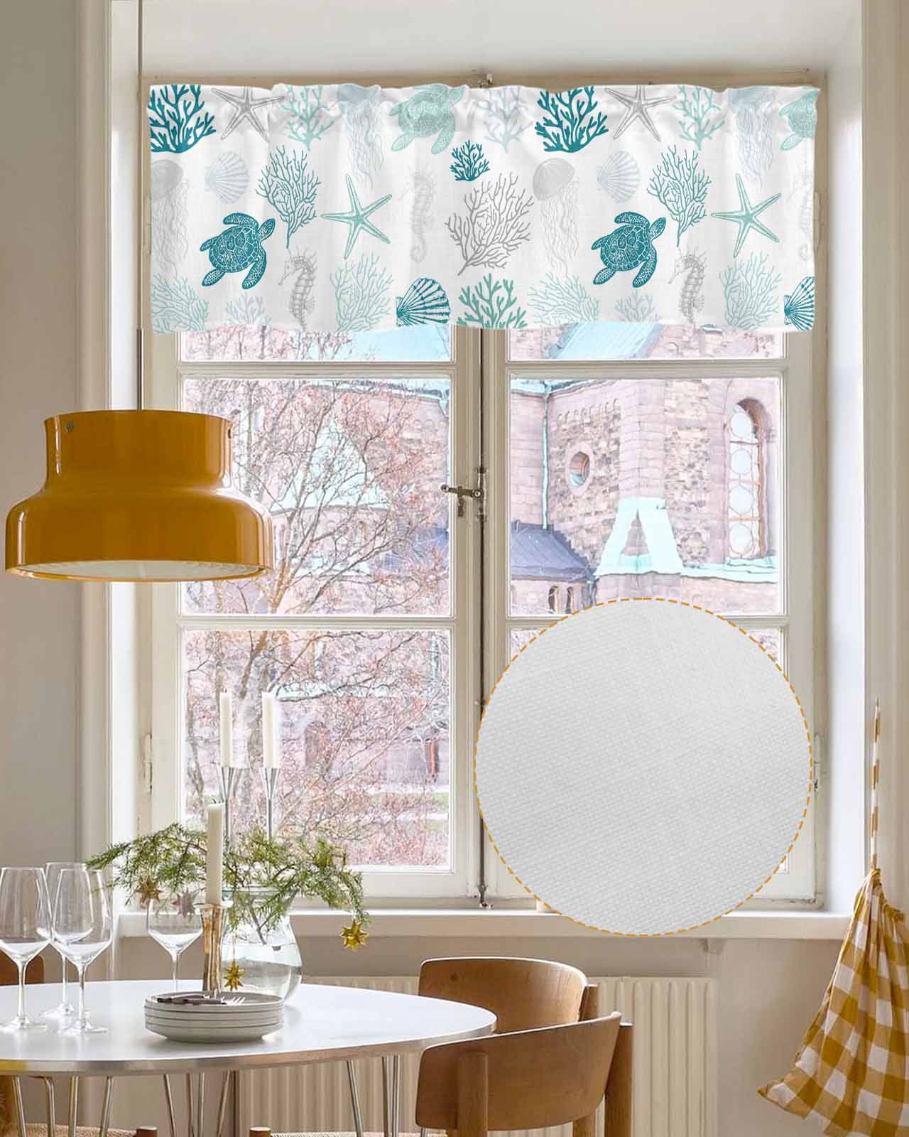 Coastal Turquoise Turtle Linen Curtain Valance for Bedroom/Bathroom/Kitchen/Office/Living/Dining Room Windows,Watercolor Gradient Coral Shell White Pocket Topper Drapes Decorative Cafe Drapery 54x18