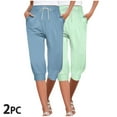 thumbnail image 2 of MIUOWANP Women's Cropped Pants Elastic Waist Solid Color Drawstring Pants with Pockets 2-Pack(Blue+Mint Green) Size M(6), 2 of 9