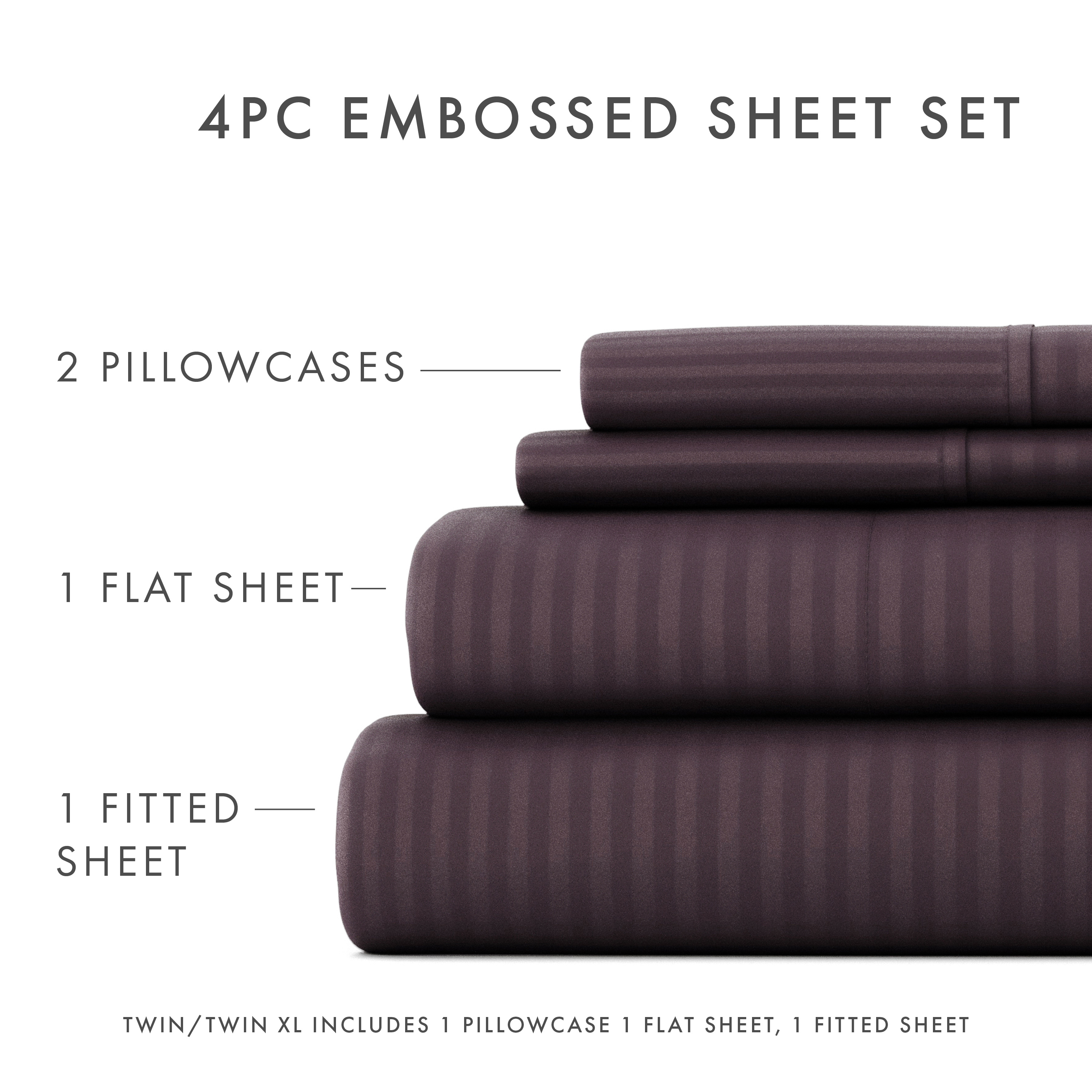 Noble Linens 4 Piece Purple Striped Embossed Bed Sheet Set, Queen