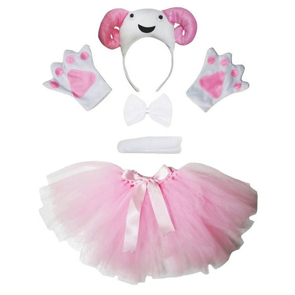 Petitebelle Cutie Sheep Headband Bowtie Tail Gloves Tutu 5pc Costume (White, 1-5 Years)
