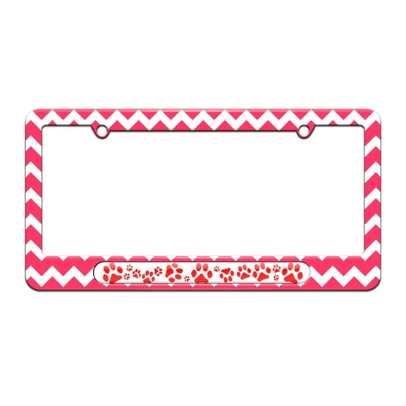 Paw Prints - Red - License Plate Tag Frame - Pink Chevrons Design