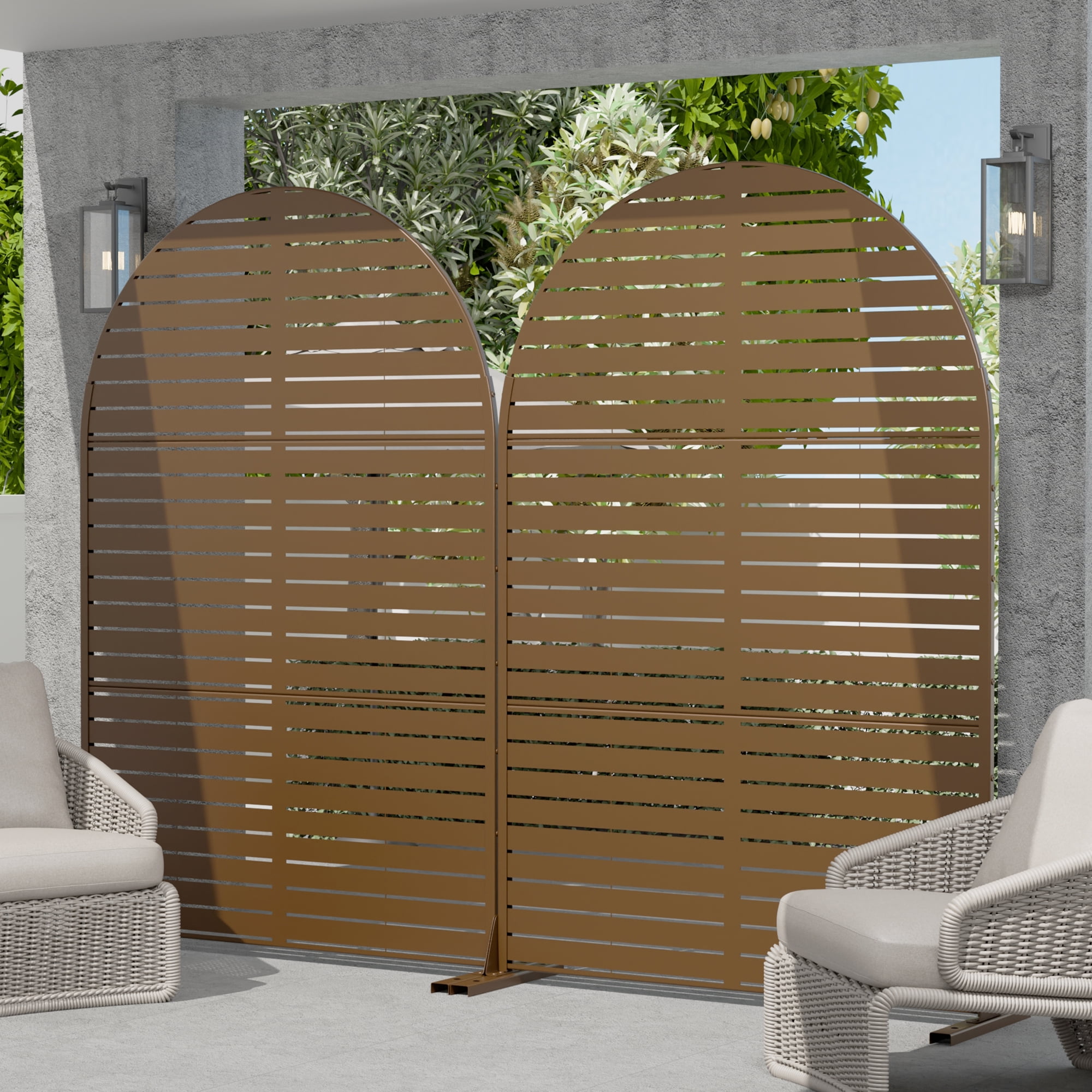 MAYEERTY 72×47" Arched Outdoor Brown Metal Privacy Panel Screen for Backyard & Garden, Louvered Pattern