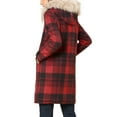 thumbnail image 3 of INSPIRE CHIC Women's Long Sleeves Detachable Faux Fur Trim Plaid Overcoat with Hood Red Black S, 3 of 7