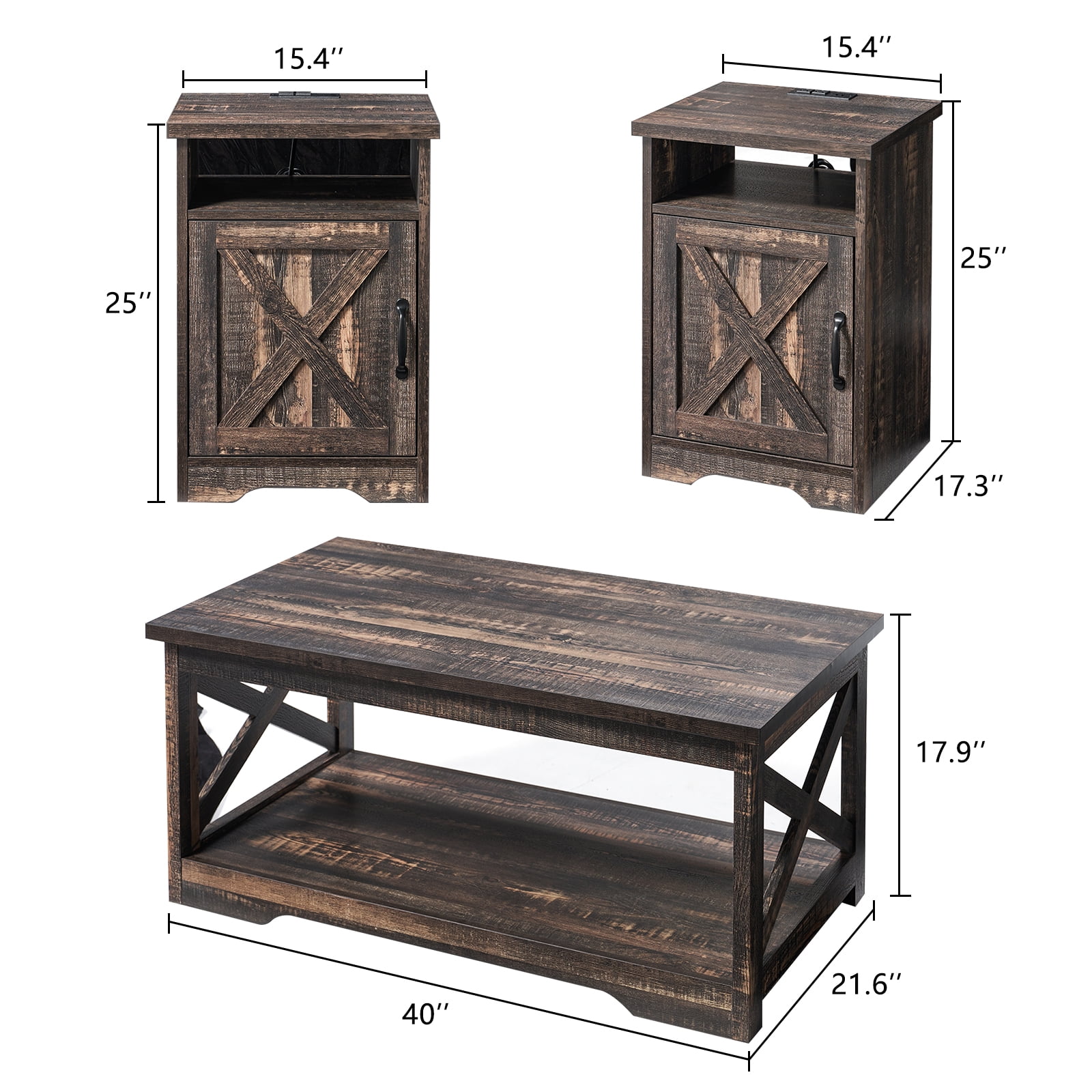 LUXOAK 3-Piece Farmhouse Table Set, Coffee Table & Two End Tables, Dark Oak