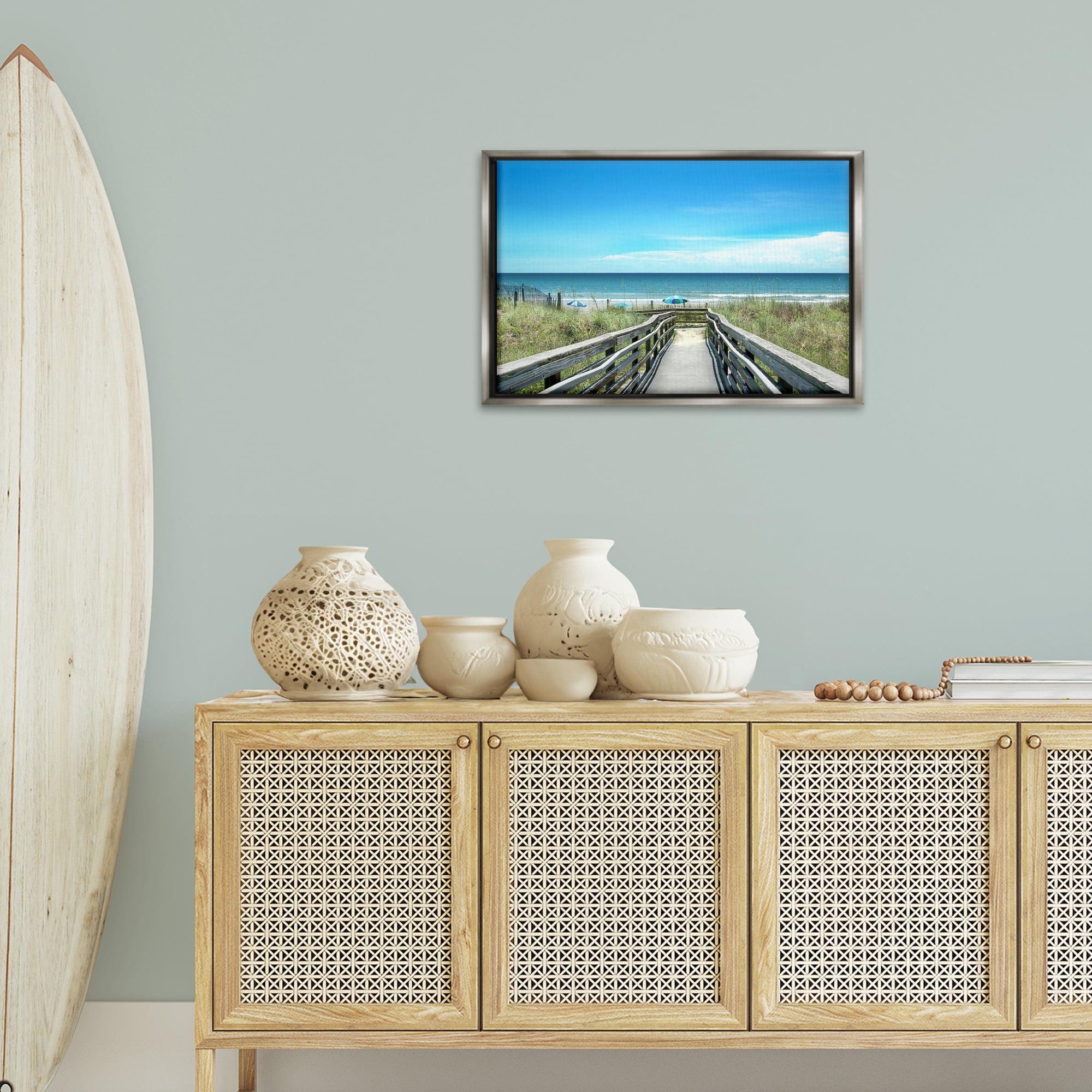 Stupell Industries Bridge to Beach View Landscape Photography Gray Floater Framed Canvas Art Print Wall Art, 25 x 17