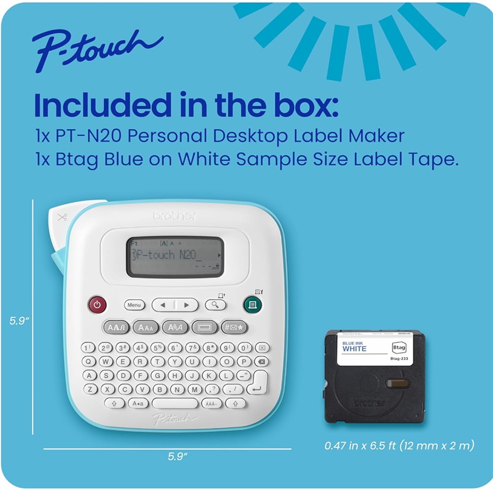 Brother P-Touch Personal Desktop Label Maker PTN20 Bundle with Brother P-touch Btag Label Tape, 0.47 in by 13.1 ft