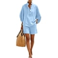 thumbnail image 2 of Two Piece Sets for Women Summer 3/4 Sleeve Top Shorts Set Button Down Lounge Matching Sets for Vacation, 2 of 4