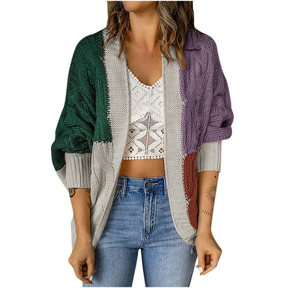 Wolfast Hauts à Manches Longues pour Femmes Mode Femme Hiver Cardigan à Couleurs Contrastées Chandail à Manches Longues Cardigan Veste Hauts Longs Manteaux d'Hiver pour Femmes