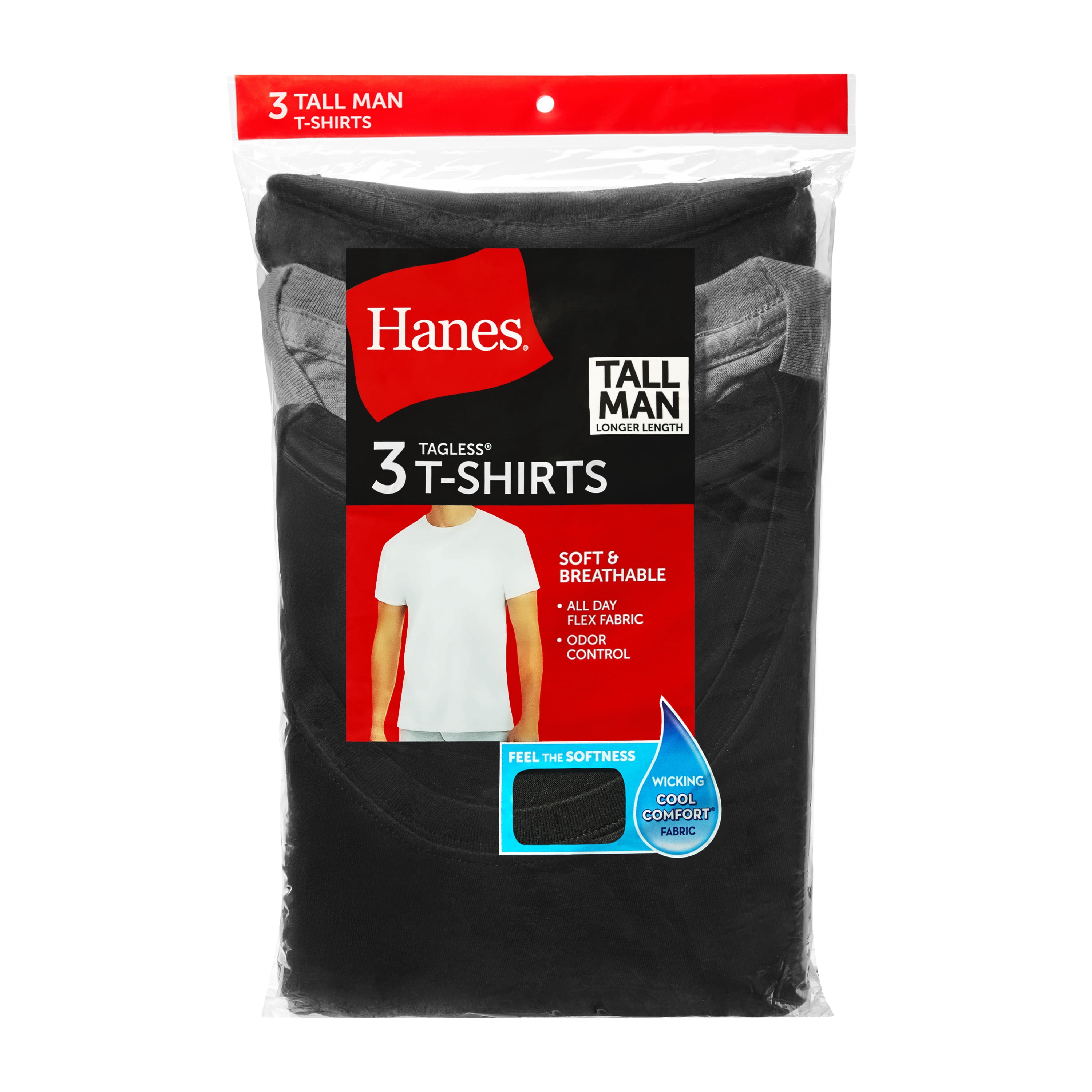 Hanes Tall Man T-Shirt, 3-Pack, Long Length Cotton Undershirt, Black/Grey (Big & Tall Sizes)