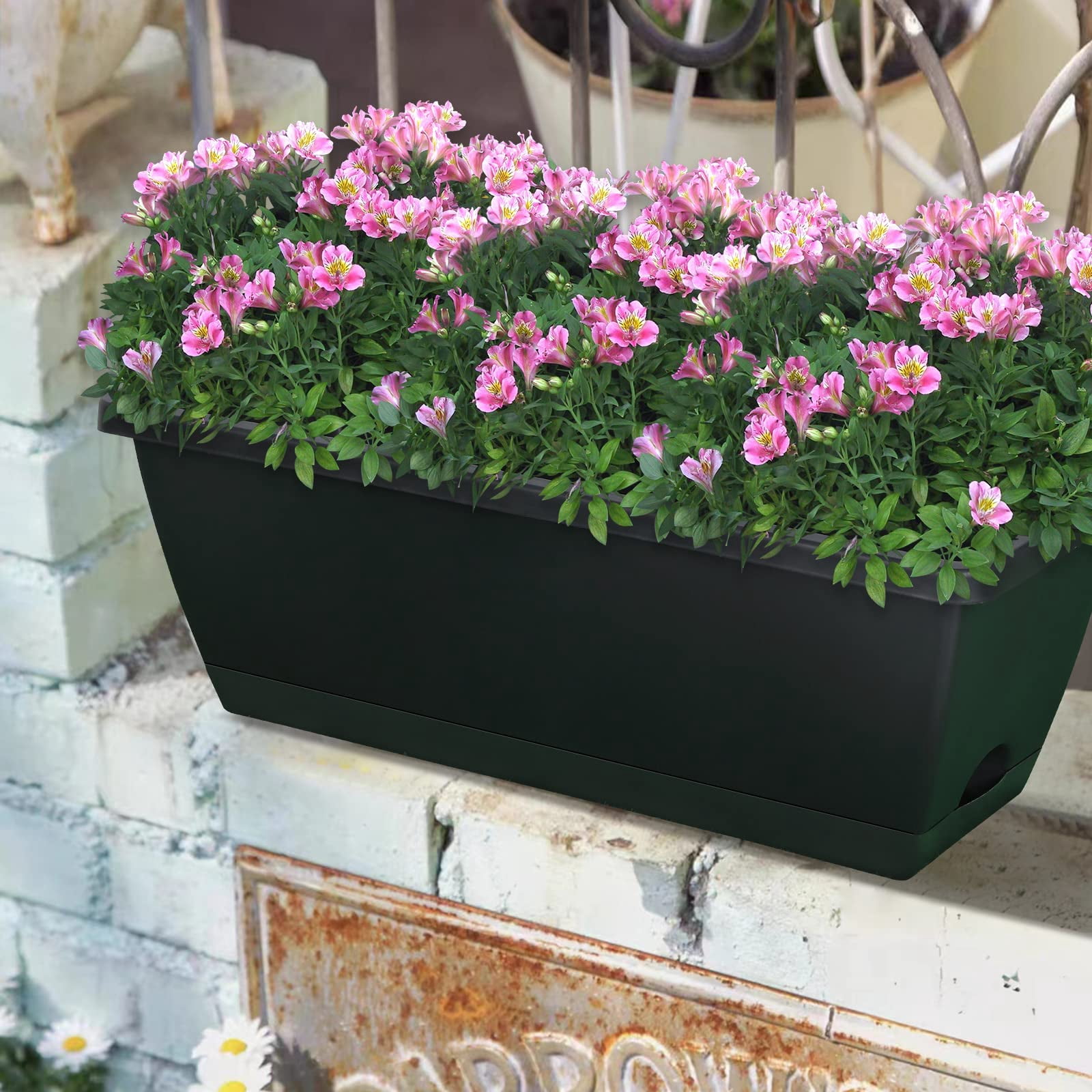 Window Box Planter Black L 16.6 x W 7 x H 5.9 inches Rectangular Plastic Pot with Saucer for Indoor Outdoor Garden