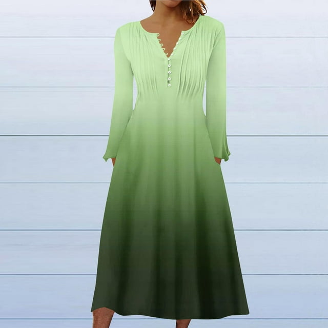 Fankiway Robes à Manches Longues en Solde Robes Décontractées pour Femmes Col Rond Manches Longues Boutonnées Robes Imprimées Pliantes Robes pour Femmes Grande Taille en Solde