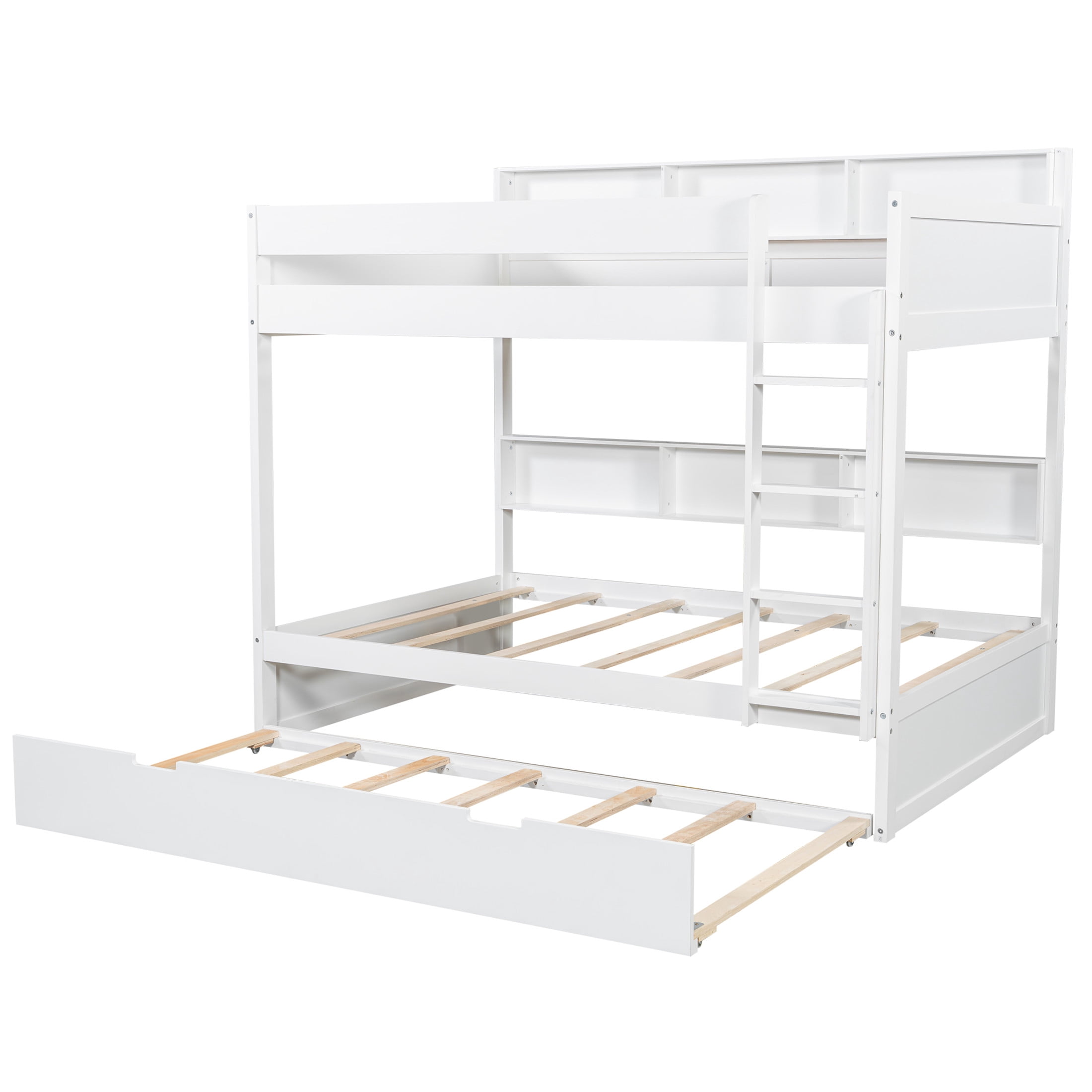 Noble House Erika Twin over Twin Bunk Bed with Pull-out Trundle and Integrated Storage Shelves, Antique White