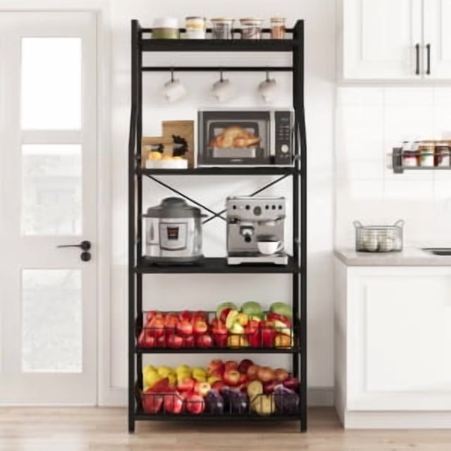 Rustic Microwave Stand, 5-Tier Storage Rack with Adjustable Feet and Anti-Tip Kit, Engineered Wood