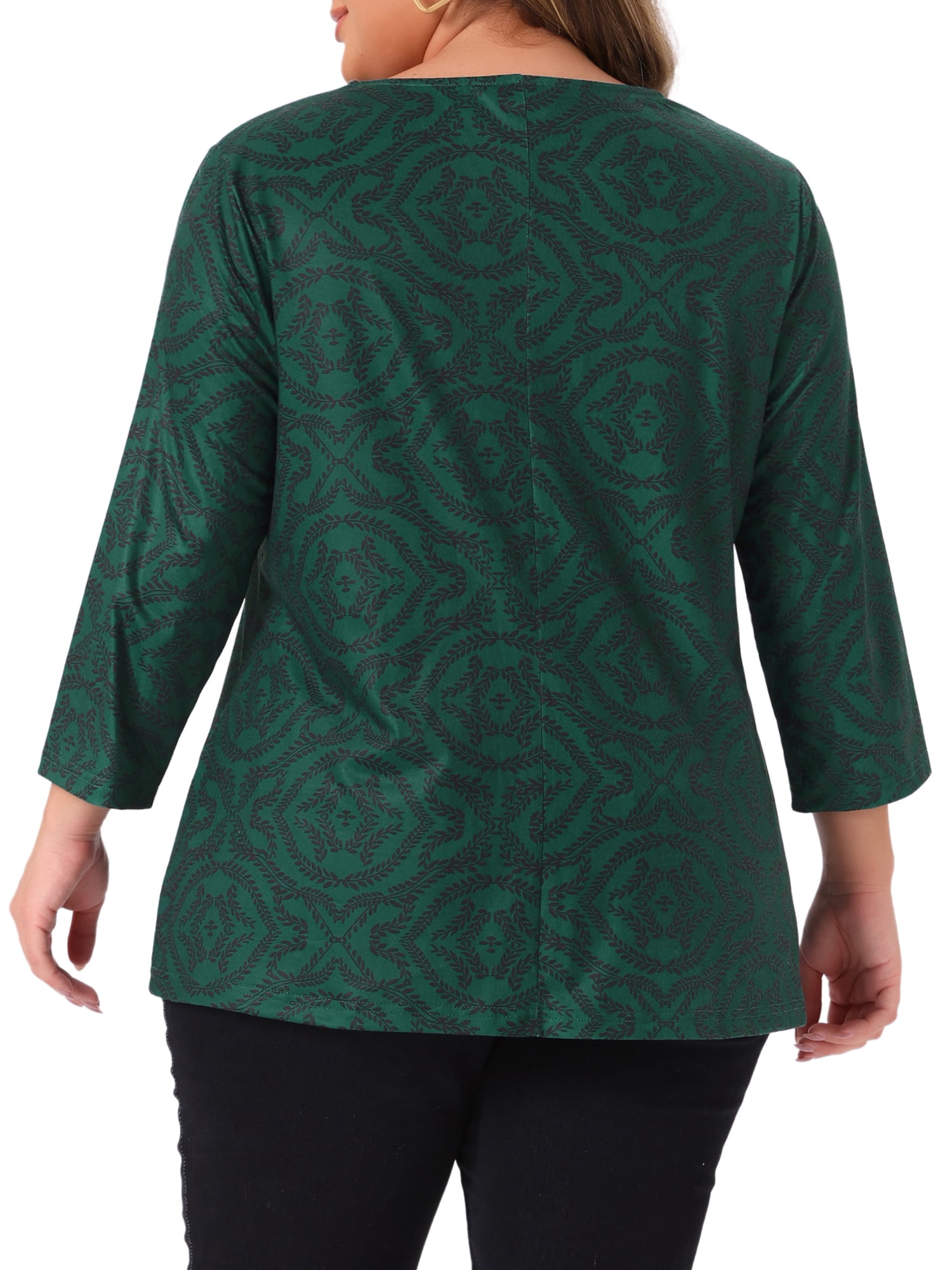 DARING DIVA Women's Plus V Neck 3/4 Sleeve Botanical Print Blouse Tunic Top 1X Dark Green