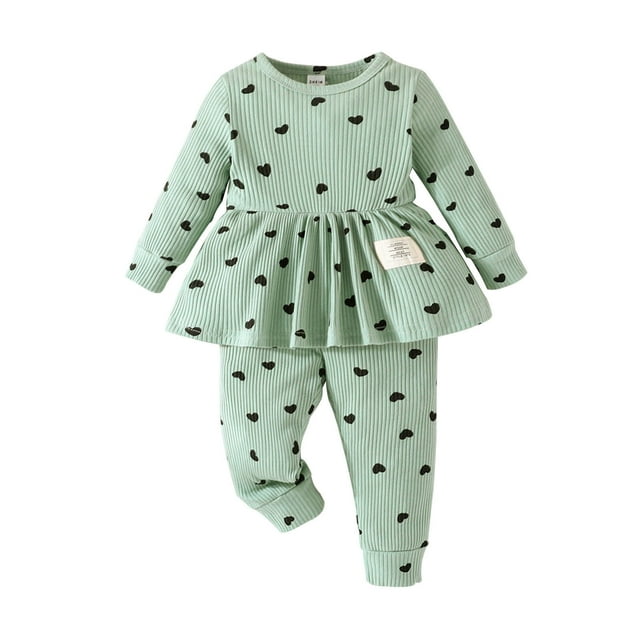 ameIAEA Baby Girl Outfit Toddler Fall Clothes Ribbed Knit Print Long Sleeve Ruffle Tops Pants 2 Pcs Set