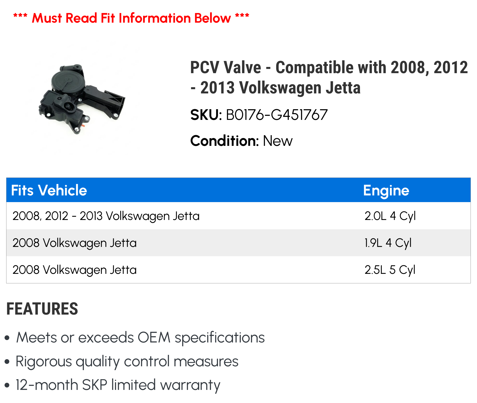 PCV Valve - Compatible with 2008, 2012 - 2013 Volkswagen Jetta