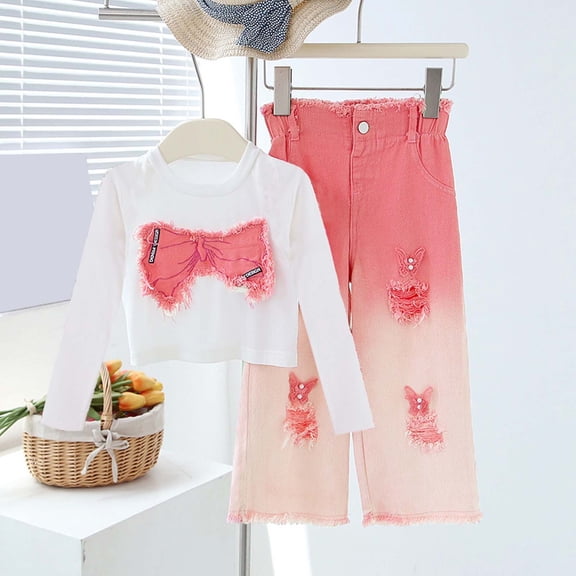 SONGGE Girls Autumn Outfit Sets Long Sleeve Tops With Bow And Ripped Denim Jeans Two Piece Casual Fall Toddlers Kids Fashion Wear Cartoon Soft Clothing Sets