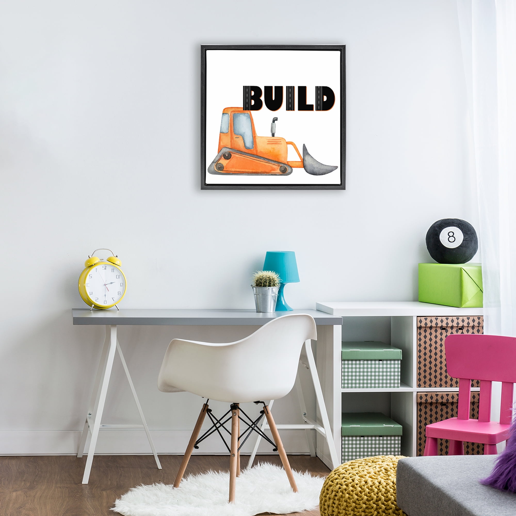 Build with Orange Bulldozer Black Framed Floater Canvas Wall Art, design by Kim Allen