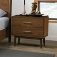 thumbnail image 6 of Beige Boucle Fabric Winged Edge Headboard Full Size Bed 2x Nightstands Walnut Solidwood 3pc Bedroom Set, 6 of 9