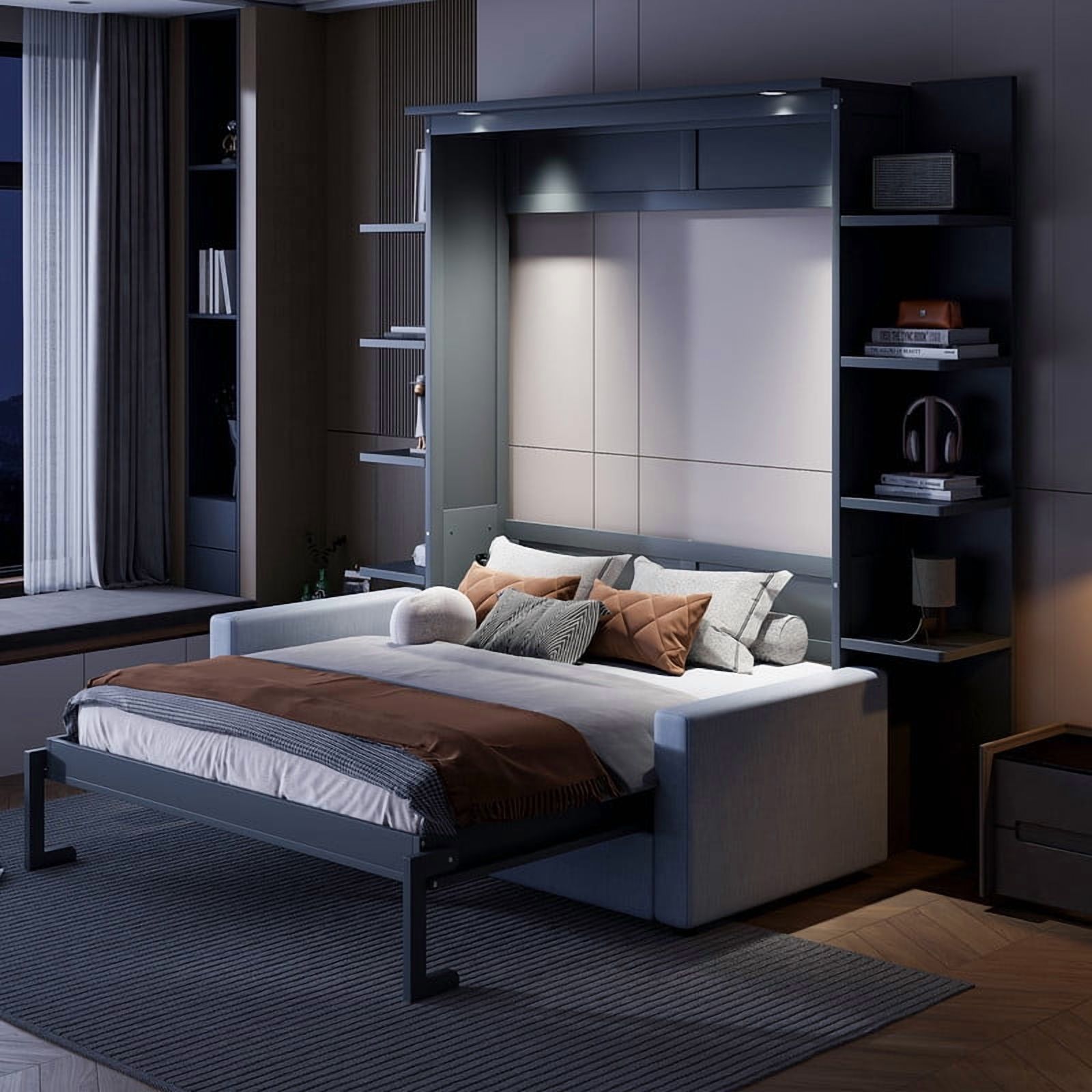 Queen Size Murphy Bed with Sofa, Wooden Wall Bed with Storage Shelves, Folding Platform Bed with Built-in LED Spotlights