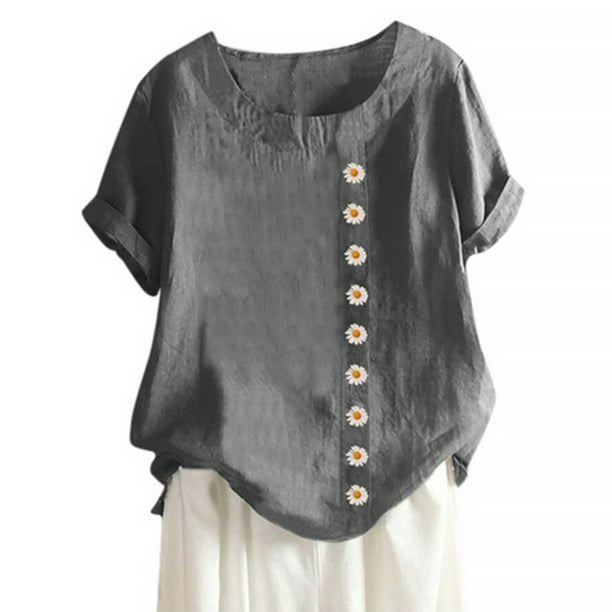 Sonducket Blusa Lino Suelta Camisa Manga Corta Cuello Mujer Top Verano Prendas para la parte del cuerpo Gris L