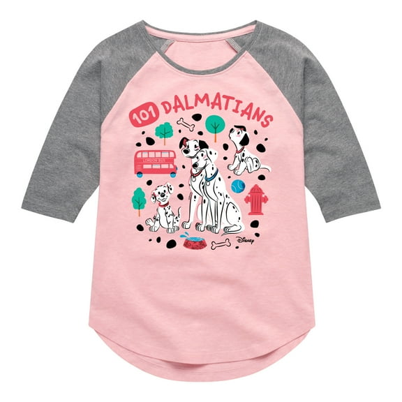 Disney - 101 Dalmatians Animated - Collage of Dalmatian Family - Toddler And Youth Girls Raglan Graphic T-Shirt