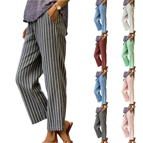 Womens Striped Linen Pants Wide Leg Drawstring Elastic Waist Summer Beach Casual Loose Lightweight Lounge Pants Gray M