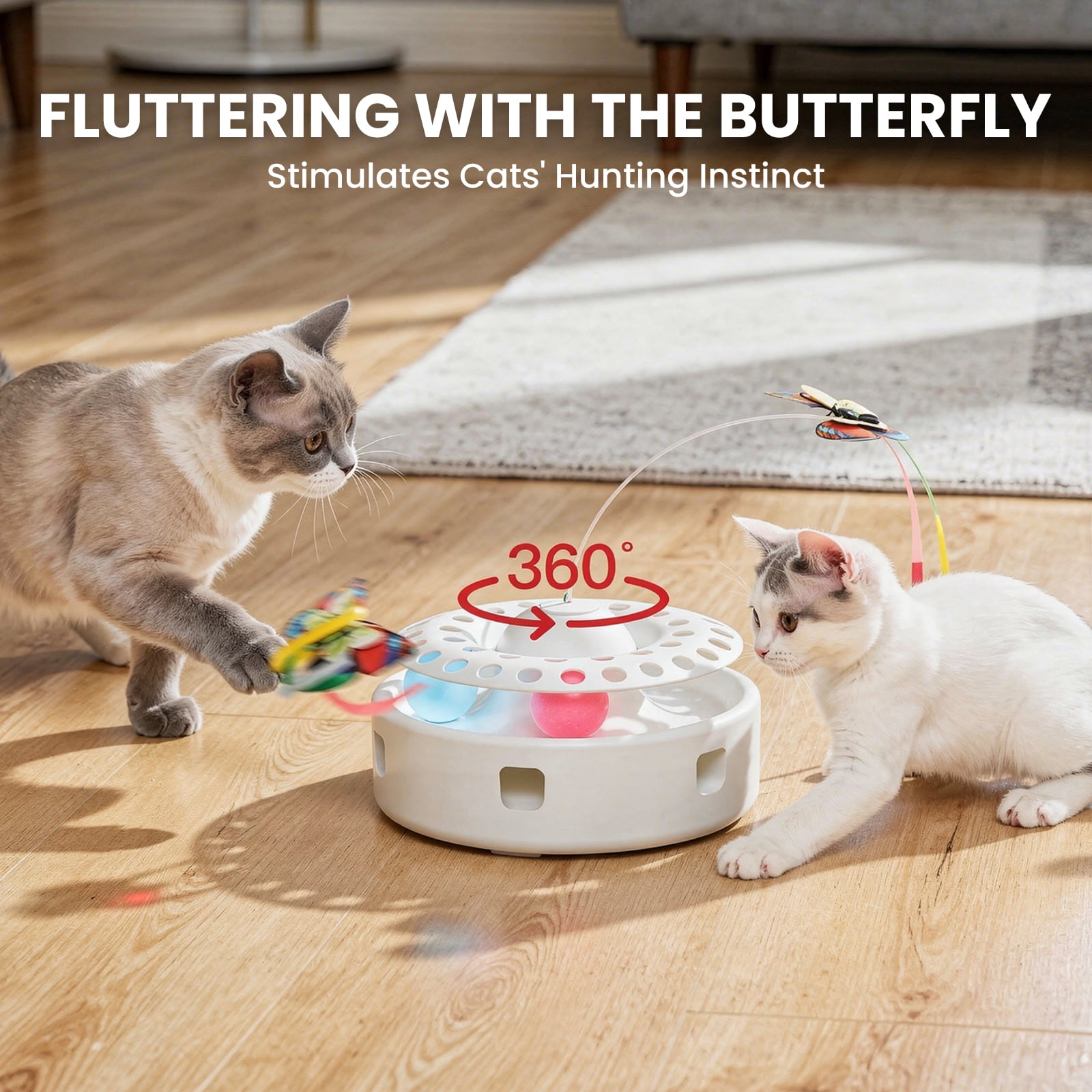3 in 1 Automatic Interactive Cat Toys,Kitten Toy With Fluttering Butterfly, Moving Feather, Track Balls, Dual Power Supplies, USB Powered (White)