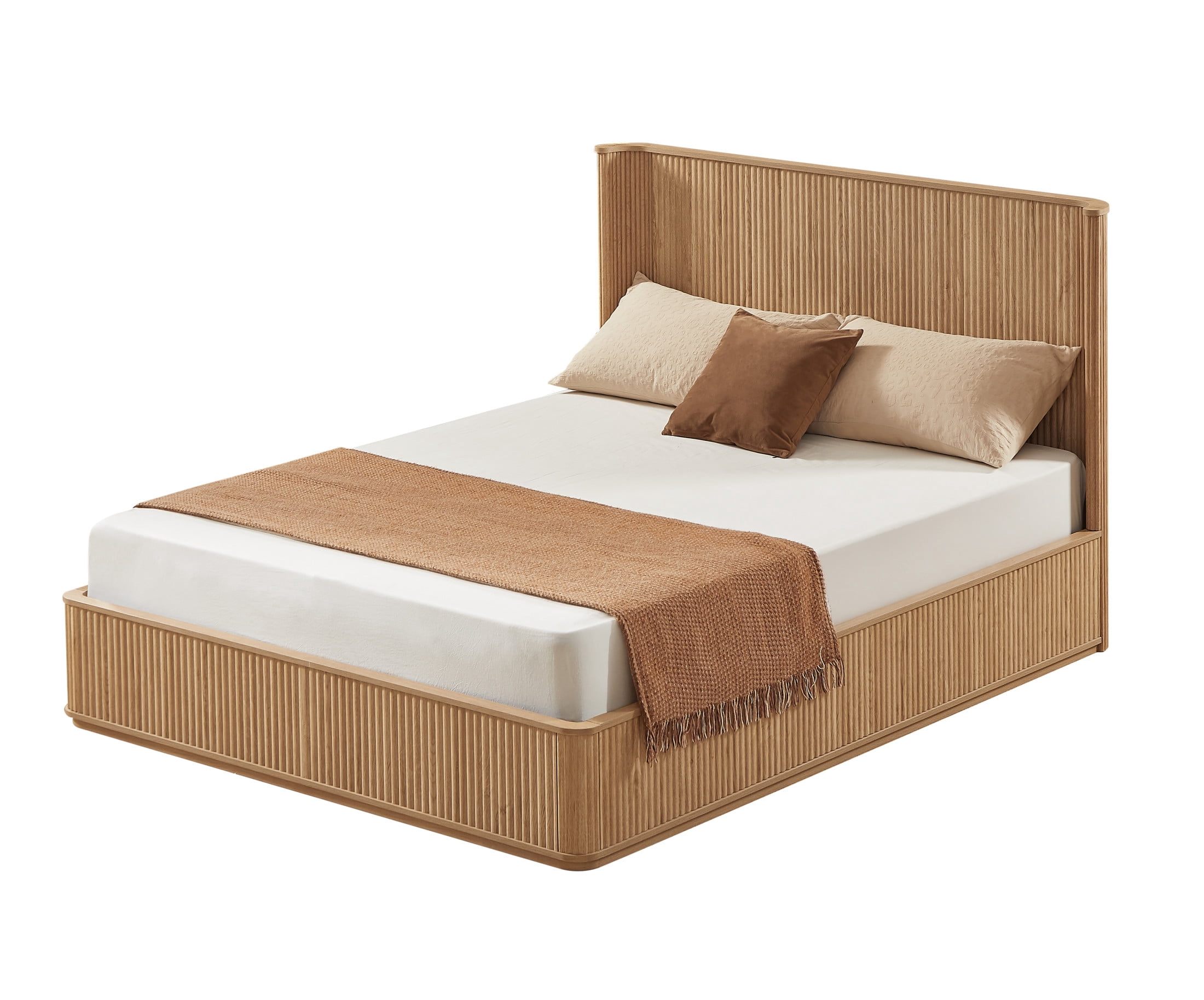Noble House Queen Platform Bed Frame with 44.49"H Curved Headboard, Wood Slat Support, Oak