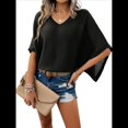 thumbnail image 3 of Camisas Holgadas de Punto Gofre con Cuello en V para Mujer, de Corta, Informales, de Verano 2025, Modernas, Lisas, Y2K. Negro S, 3 of 10