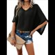 thumbnail image 3 of Camisas Holgadas de Punto Gofre con Cuello en V para Mujer, de Corta, Informales, de Verano 2025, Modernas, Lisas, Y2K. Negro M, 3 of 10
