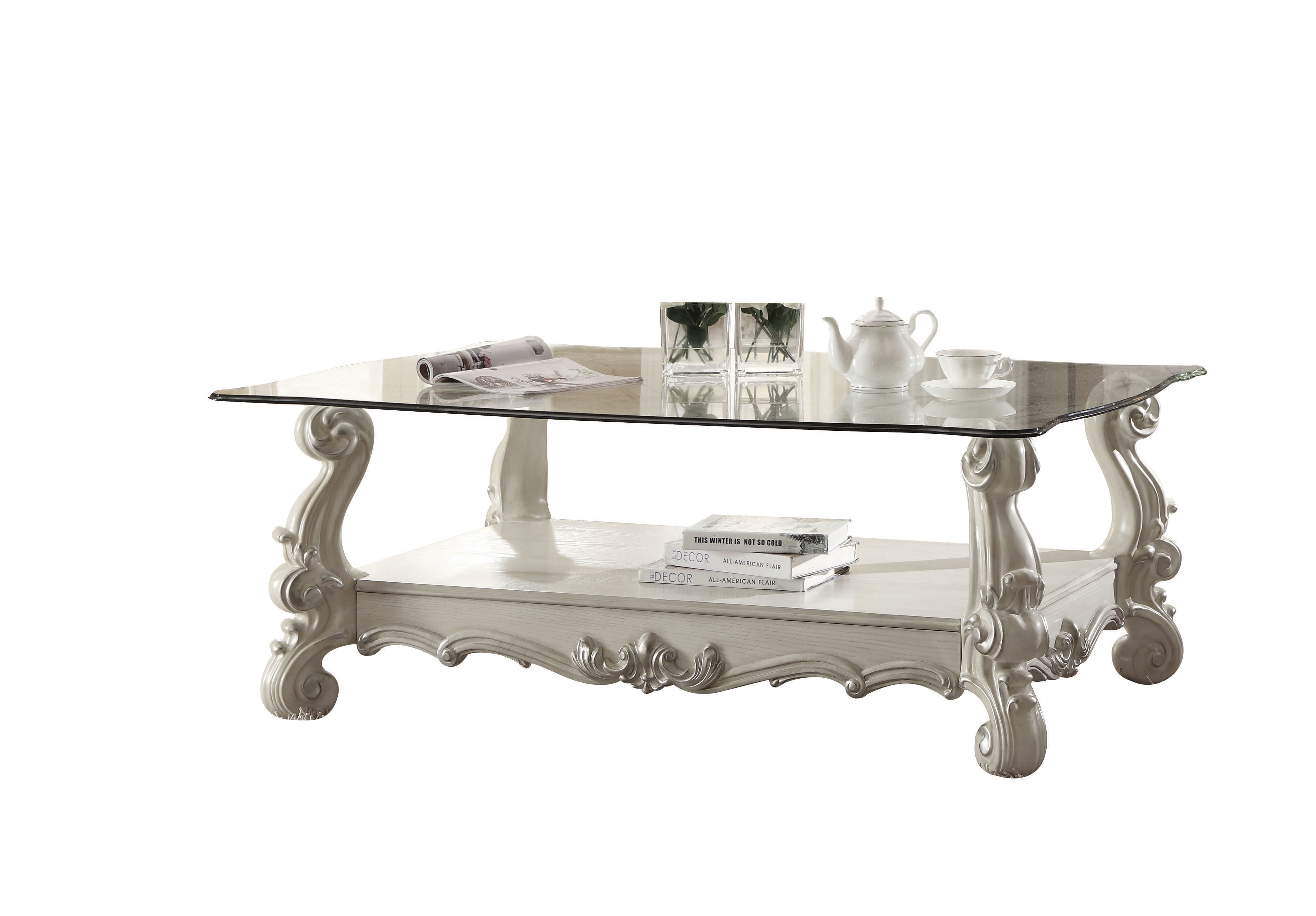 ACME Versailles Coffee Table, Bone White & Clear Glass
