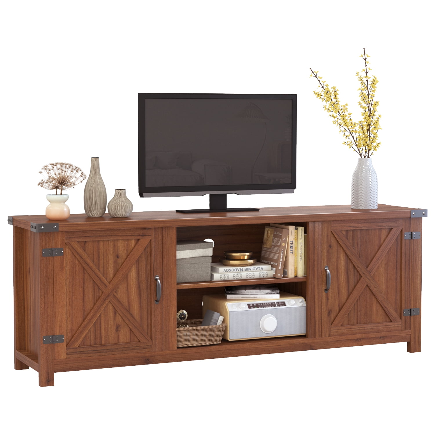 Vineego Farmhouse Barn Two-Door Tv Stand for TVs up to 65", Rustic Brown