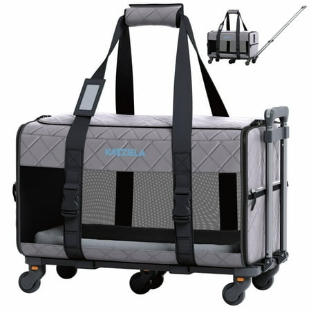 Katziela Quilted Chariot Pet Carrier With Removable Wheels and Double Telescopic Handle (Dark Gray) Pack 1