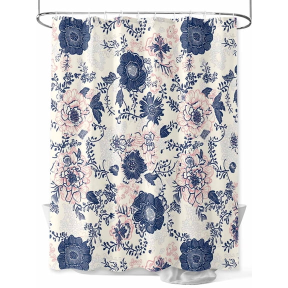 Fsddascl Navy Blue Floral Shower Curtain Set - 48" x 72" Washable Bathtub Curtain with 12 Hooks, Vintage Watercolor Botanical Flower Leaf Waterproof Fabric Stall Shower Curtains for Bathroom/Bathtub