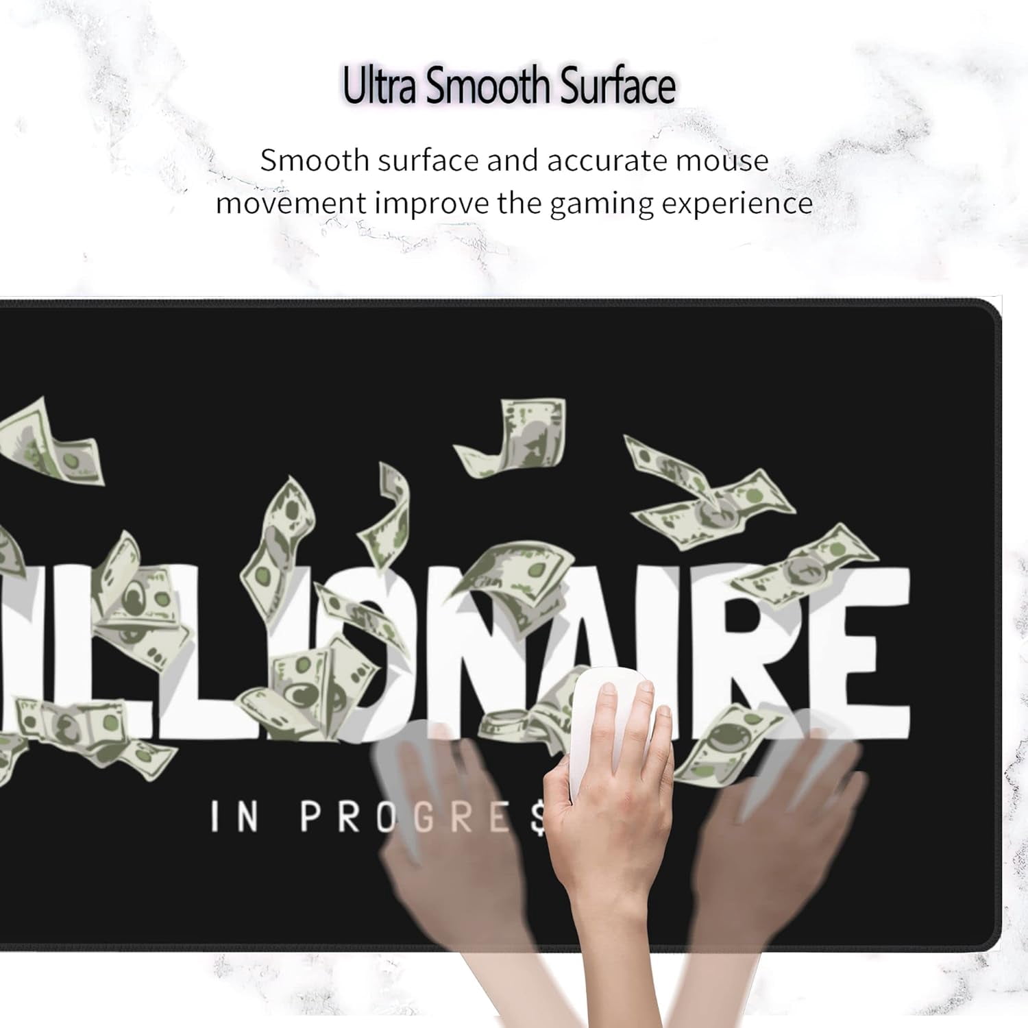 Gaming Mouse Pad,Desk Mat Extended Large Millionaire Slogan with Flying Banknote Mouse Pad Mat with Non-Slip Base Stitched Edges Mousepad for Computer,Office,Keyboard 31.5''×15.7''