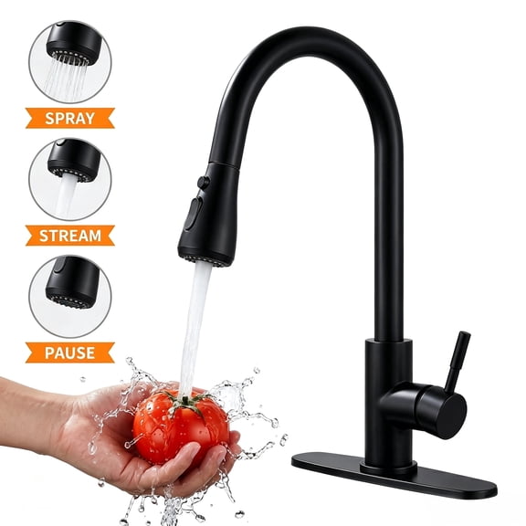 HODVIT Kitchen Faucet with Pull Down Sprayer, Matte Black Stainless Steel Kitchen Sink Faucet with Deck Plate