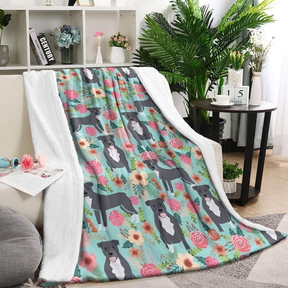 Cute Pitbull Terriers Dog and Flowers Blanket,Comfortable Soft Flannel Throw Blanket,All Season,Warm Lightweight Blankets for Sofa Bed Couch Living Room Chair,60"x80"