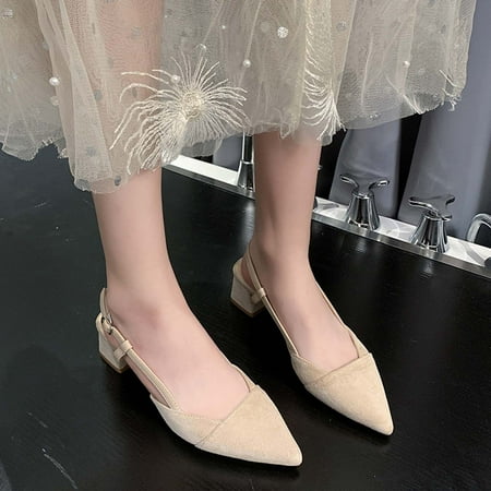 

Lhked Women s Fashion Flock Pointed-toe Middle Heels Shoes Solid Color Buckle Shoes