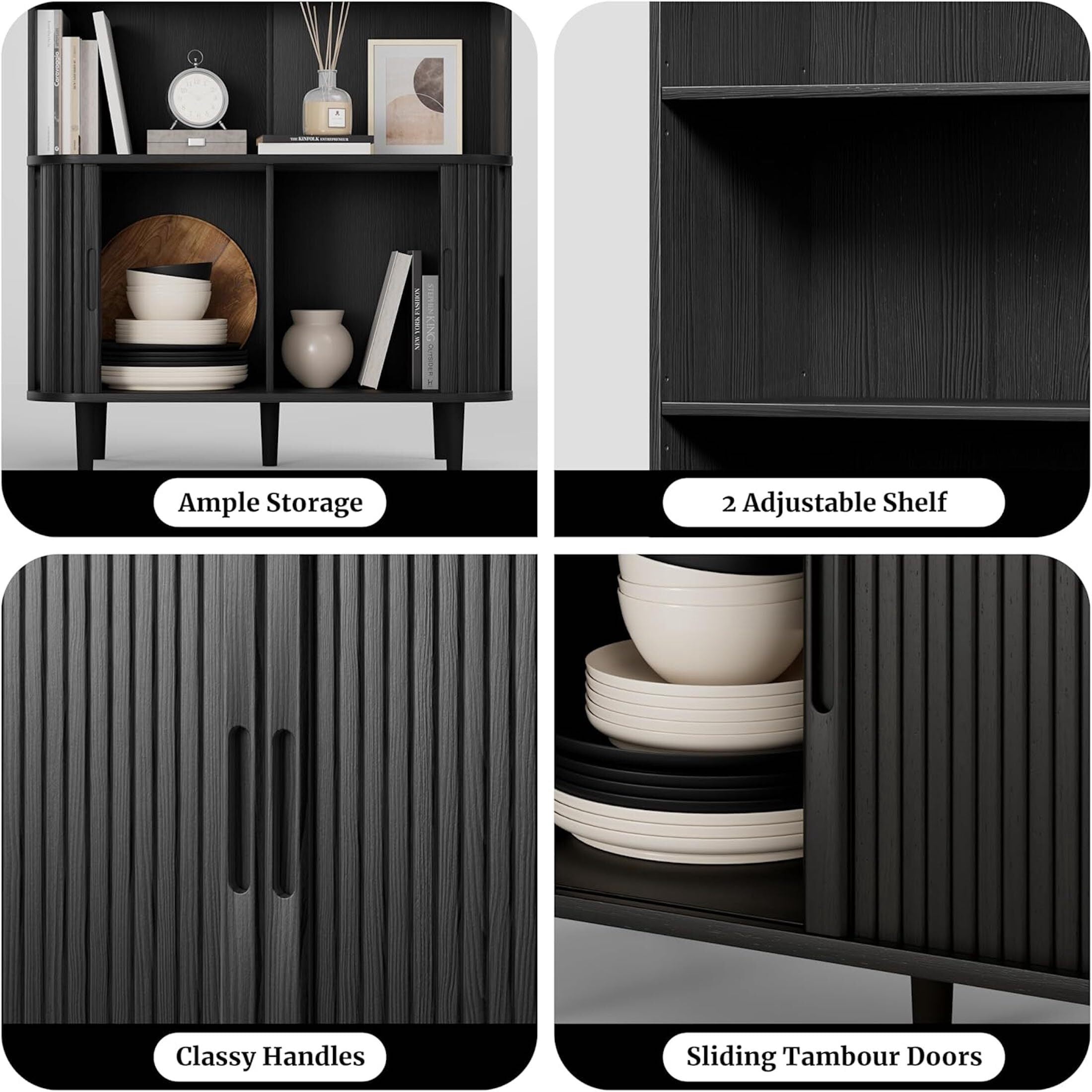Aisword 71" Tall Arched Bookcases, 5-Tier Modern Farmhouse Bookshelf with Adjustable Shelves & Sliding Doors, Wood Display Storage Cabinet for Living Room, Office, Black