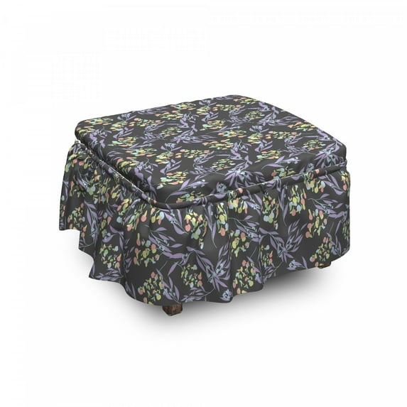 Botanical Ottoman Cover, Eucalyptus Leaves Herbs, 2 Piece Slipcover Set with Ruffle Skirt for Square Round Cube Footstool Decorative Home Accent, Standard Size, Dimgray and Multicolor, by Ambesonne