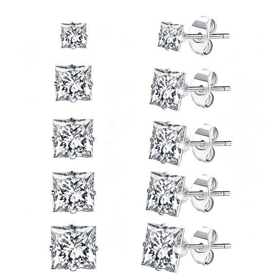 DESIGNICE Stainless Steel Stud Earrings Set for Men,18K White Gold Plated Square Cubic Zirconia Studs Hypoallergenic Mens Earrings Pack 6 Pairs for Men Women